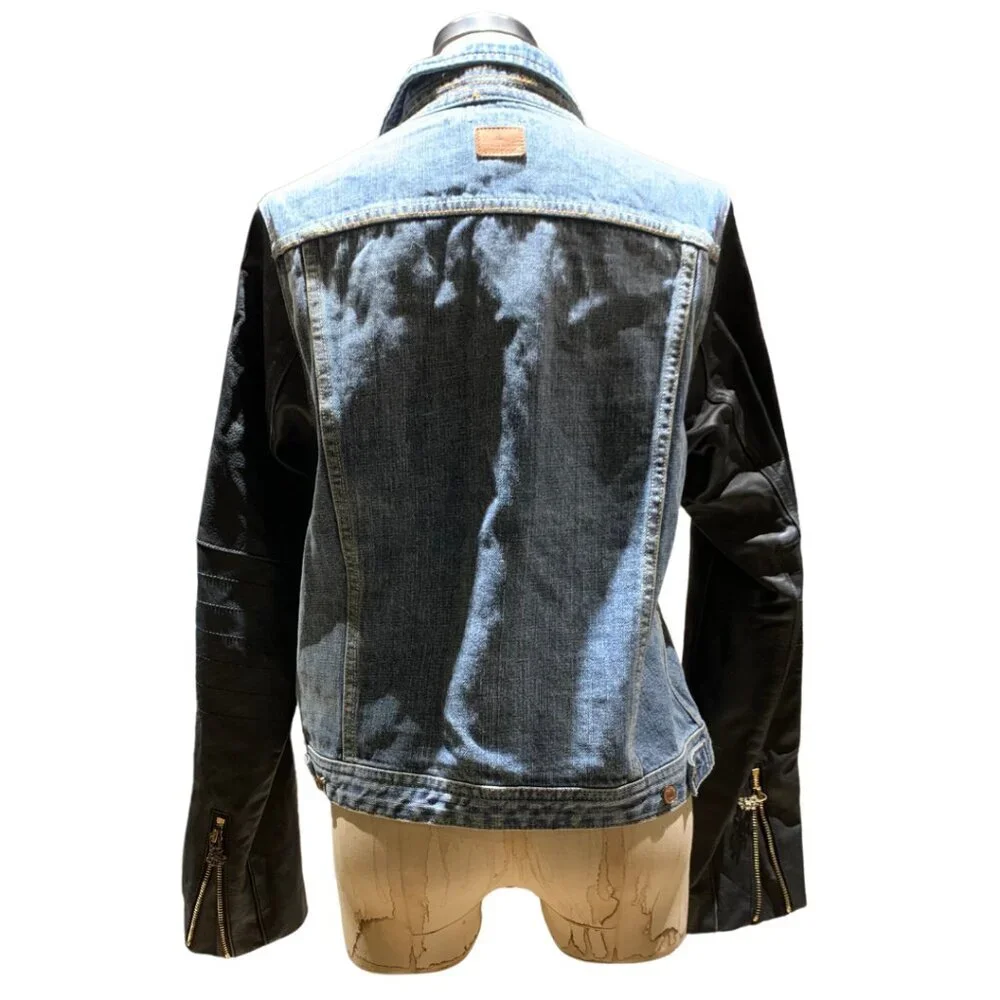 Maison Scotch Leather Sleeved Jean Jacket Womens Size Large